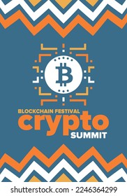 Crypto Summit. Blockchain Festival. Digital money and smart online technology. Finance, banking and business illustration. Cryptocurrency mining. Bitcoin logo. Flat design. Vector poster