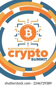 Crypto Summit. Blockchain Festival. Digital money and smart online technology. Finance, banking and business illustration. Cryptocurrency mining. Bitcoin logo. Flat design. Vector poster