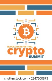 Crypto Summit. Blockchain Festival. Digital money and smart online technology. Finance, banking and business illustration. Cryptocurrency mining. Bitcoin logo. Flat design. Vector poster