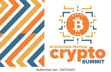 Crypto Summit. Blockchain Festival. Digital money and smart online technology. Finance, banking and business illustration. Cryptocurrency mining. Bitcoin logo. Flat design. Vector poster