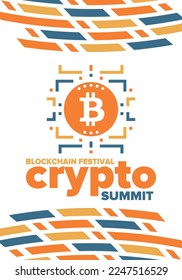 Crypto Summit. Blockchain Festival. Digital money and smart online technology. Finance, banking and business illustration. Cryptocurrency mining. Bitcoin logo. Flat design. Vector poster