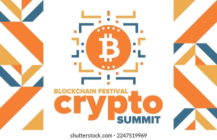 Crypto Summit. Blockchain Festival. Digital money and smart online technology. Finance, banking and business illustration. Cryptocurrency mining. Bitcoin logo. Flat design. Vector poster