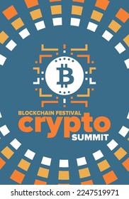 Crypto Summit. Blockchain Festival. Digital money and smart online technology. Finance, banking and business illustration. Cryptocurrency mining. Bitcoin logo. Flat design. Vector poster