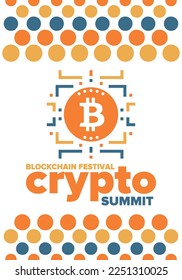 Crypto Summit. Blockchain Festival. Digital money and smart online technology. Finance, banking and business illustration. Cryptocurrency mining. Bitcoin logo. Flat design. Vector poster