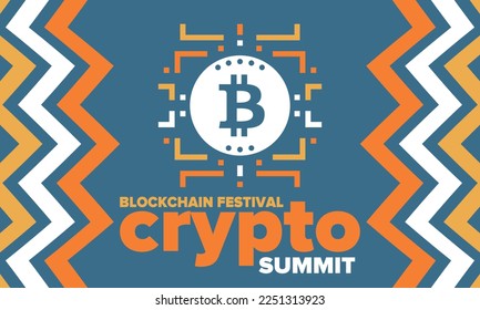 Crypto Summit. Blockchain Festival. Digital money and smart online technology. Finance, banking and business illustration. Cryptocurrency mining. Bitcoin logo. Flat design. Vector poster