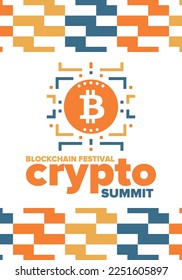 Crypto Summit. Blockchain Festival. Digital money and smart online technology. Finance, banking and business illustration. Cryptocurrency mining. Bitcoin logo. Flat design. Vector poster