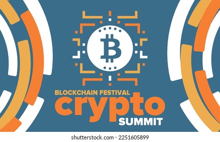 Crypto Summit. Blockchain Festival. Digital money and smart online technology. Finance, banking and business illustration. Cryptocurrency mining. Bitcoin logo. Flat design. Vector poster