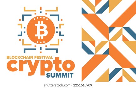 Crypto Summit. Blockchain Festival. Digital money and smart online technology. Finance, banking and business illustration. Cryptocurrency mining. Bitcoin logo. Flat design. Vector poster