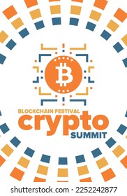 Crypto Summit. Blockchain Festival. Digital money and smart online technology. Finance, banking and business illustration. Cryptocurrency mining. Bitcoin logo. Flat design. Vector poster