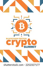 Crypto Summit. Blockchain Festival. Digital money and smart online technology. Finance, banking and business illustration. Cryptocurrency mining. Bitcoin logo. Flat design. Vector poster