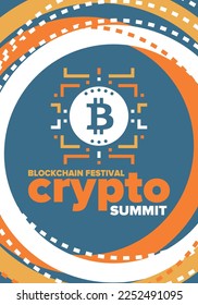 Crypto Summit. Blockchain Festival. Digital money and smart online technology. Finance, banking and business illustration. Cryptocurrency mining. Bitcoin logo. Flat design. Vector poster