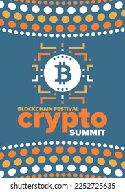 Crypto Summit. Blockchain Festival. Digital money and smart online technology. Finance, banking and business illustration. Cryptocurrency mining. Bitcoin logo. Flat design. Vector poster