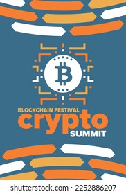 Crypto Summit. Blockchain Festival. Digital money and smart online technology. Finance, banking and business illustration. Cryptocurrency mining. Bitcoin logo. Flat design. Vector poster