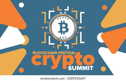 Crypto Summit. Blockchain Festival. Digital money and smart online technology. Finance, banking and business illustration. Cryptocurrency mining. Bitcoin logo. Flat design. Vector poster