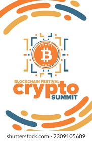 Crypto Summit. Blockchain Festival. Digital money and smart online technology. Finance, banking and business illustration. Cryptocurrency mining. Bitcoin logo. Flat design. Vector poster