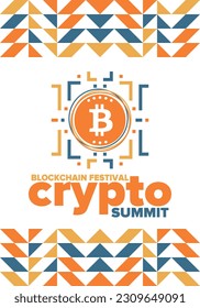 Crypto Summit. Blockchain Festival. Digital money and smart online technology. Finance, banking and business illustration. Cryptocurrency mining. Bitcoin logo. Flat design. Vector poster