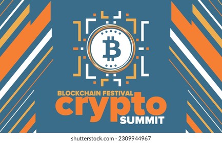 Crypto Summit. Blockchain Festival. Digital money and smart online technology. Finance, banking and business illustration. Cryptocurrency mining. Bitcoin logo. Flat design. Vector poster