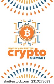 Crypto Summit. Blockchain Festival. Digital money and smart online technology. Finance, banking and business illustration. Cryptocurrency mining. Bitcoin logo. Flat design. Vector poster