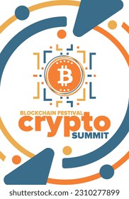 Crypto Summit. Blockchain Festival. Digital money and smart online technology. Finance, banking and business illustration. Cryptocurrency mining. Bitcoin logo. Flat design. Vector poster