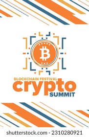 Crypto Summit. Blockchain Festival. Digital money and smart online technology. Finance, banking and business illustration. Cryptocurrency mining. Bitcoin logo. Flat design. Vector poster