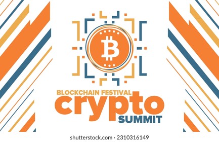 Crypto Summit. Blockchain Festival. Digital money and smart online technology. Finance, banking and business illustration. Cryptocurrency mining. Bitcoin logo. Flat design. Vector poster