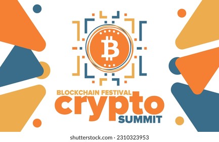 Crypto Summit. Blockchain Festival. Digital money and smart online technology. Finance, banking and business illustration. Cryptocurrency mining. Bitcoin logo. Flat design. Vector poster