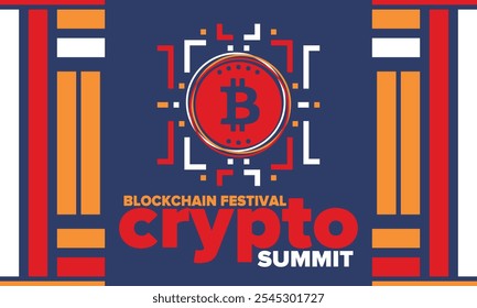 Cumbre de criptomonedas. Festival Blockchain. Dinero digital y tecnología inteligente en línea. Ilustración de finanzas, banca y negocios. Minería de criptomonedas. Logotipo de Bitcoin. Diseño plano. Afiche de Vector