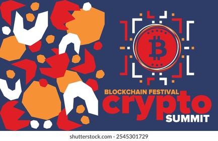 Cumbre de criptomonedas. Festival Blockchain. Dinero digital y tecnología inteligente en línea. Ilustración de finanzas, banca y negocios. Minería de criptomonedas. Logotipo de Bitcoin. Diseño plano. Afiche de Vector