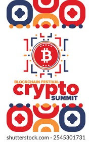 Cripto Summit. Festival Blockchain. Dinheiro digital e tecnologia inteligente em linha. Ilustração de finanças, bancos e negócios. Mineração de criptomoedas. Logotipo Bitcoin. Design plano. Cartaz vetorial