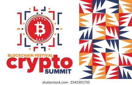 Cumbre de criptomonedas. Festival Blockchain. Dinero digital y tecnología inteligente en línea. Ilustración de finanzas, banca y negocios. Minería de criptomonedas. Logotipo de Bitcoin. Diseño plano. Afiche de Vector