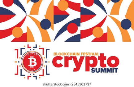 Cumbre de criptomonedas. Festival Blockchain. Dinero digital y tecnología inteligente en línea. Ilustración de finanzas, banca y negocios. Minería de criptomonedas. Logotipo de Bitcoin. Diseño plano. Afiche de Vector