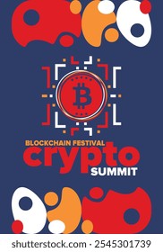 Cumbre de criptomonedas. Festival Blockchain. Dinero digital y tecnología inteligente en línea. Ilustración de finanzas, banca y negocios. Minería de criptomonedas. Logotipo de Bitcoin. Diseño plano. Afiche de Vector