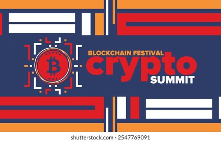 Cumbre de criptomonedas. Festival Blockchain. Dinero digital y tecnología inteligente en línea. Ilustración de finanzas, banca y negocios. Minería de criptomonedas. Logotipo de Bitcoin. Diseño plano. Afiche de Vector