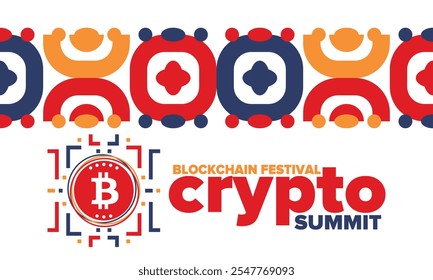 Cumbre de criptomonedas. Festival Blockchain. Dinero digital y tecnología inteligente en línea. Ilustración de finanzas, banca y negocios. Minería de criptomonedas. Logotipo de Bitcoin. Diseño plano. Afiche de Vector