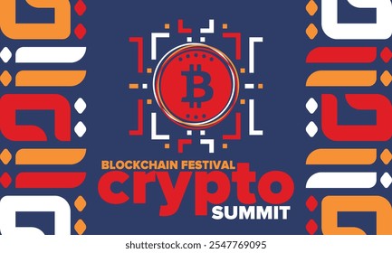 Cumbre de criptomonedas. Festival Blockchain. Dinero digital y tecnología inteligente en línea. Ilustración de finanzas, banca y negocios. Minería de criptomonedas. Logotipo de Bitcoin. Diseño plano. Afiche de Vector