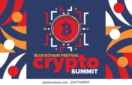 Cumbre de criptomonedas. Festival Blockchain. Dinero digital y tecnología inteligente en línea. Ilustración de finanzas, banca y negocios. Minería de criptomonedas. Logotipo de Bitcoin. Diseño plano. Afiche de Vector