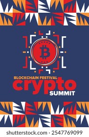 Cumbre de criptomonedas. Festival Blockchain. Dinero digital y tecnología inteligente en línea. Ilustración de finanzas, banca y negocios. Minería de criptomonedas. Logotipo de Bitcoin. Diseño plano. Afiche de Vector