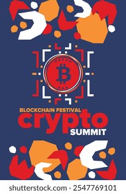 Cumbre de criptomonedas. Festival Blockchain. Dinero digital y tecnología inteligente en línea. Ilustración de finanzas, banca y negocios. Minería de criptomonedas. Logotipo de Bitcoin. Diseño plano. Afiche de Vector