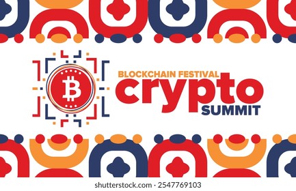 Cumbre de criptomonedas. Festival Blockchain. Dinero digital y tecnología inteligente en línea. Ilustración de finanzas, banca y negocios. Minería de criptomonedas. Logotipo de Bitcoin. Diseño plano. Afiche de Vector