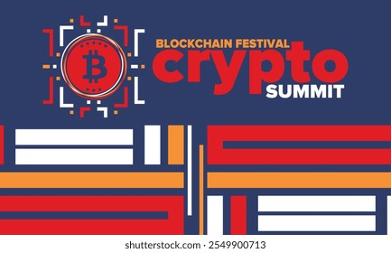 Cumbre de criptomonedas. Festival Blockchain. Dinero digital y tecnología inteligente en línea. Ilustración de finanzas, banca y negocios. Minería de criptomonedas. Logotipo de Bitcoin. Diseño plano. Afiche de Vector