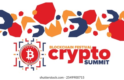 Cumbre de criptomonedas. Festival Blockchain. Dinero digital y tecnología inteligente en línea. Ilustración de finanzas, banca y negocios. Minería de criptomonedas. Logotipo de Bitcoin. Diseño plano. Afiche de Vector