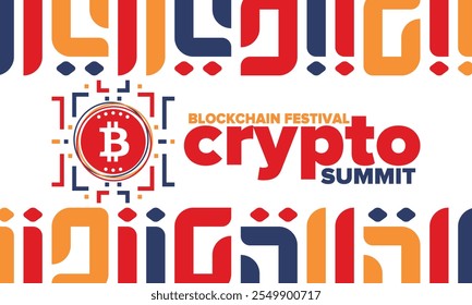 Cumbre de criptomonedas. Festival Blockchain. Dinero digital y tecnología inteligente en línea. Ilustración de finanzas, banca y negocios. Minería de criptomonedas. Logotipo de Bitcoin. Diseño plano. Afiche de Vector