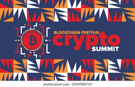 Cumbre de criptomonedas. Festival Blockchain. Dinero digital y tecnología inteligente en línea. Ilustración de finanzas, banca y negocios. Minería de criptomonedas. Logotipo de Bitcoin. Diseño plano. Afiche de Vector