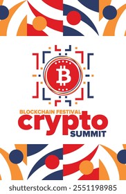 Cumbre de criptomonedas. Festival Blockchain. Dinero digital y tecnología inteligente en línea. Ilustración de finanzas, banca y negocios. Minería de criptomonedas. Logotipo de Bitcoin. Diseño plano. Afiche de Vector