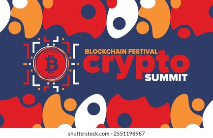 Cumbre de criptomonedas. Festival Blockchain. Dinero digital y tecnología inteligente en línea. Ilustración de finanzas, banca y negocios. Minería de criptomonedas. Logotipo de Bitcoin. Diseño plano. Afiche de Vector