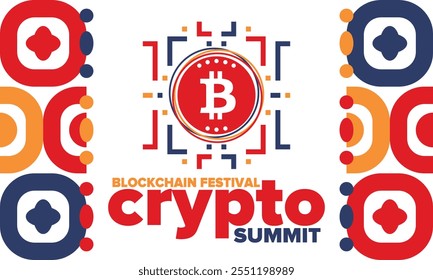 Cumbre de criptomonedas. Festival Blockchain. Dinero digital y tecnología inteligente en línea. Ilustración de finanzas, banca y negocios. Minería de criptomonedas. Logotipo de Bitcoin. Diseño plano. Afiche de Vector