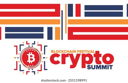 Cumbre de criptomonedas. Festival Blockchain. Dinero digital y tecnología inteligente en línea. Ilustración de finanzas, banca y negocios. Minería de criptomonedas. Logotipo de Bitcoin. Diseño plano. Afiche de Vector