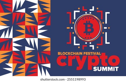 Cumbre de criptomonedas. Festival Blockchain. Dinero digital y tecnología inteligente en línea. Ilustración de finanzas, banca y negocios. Minería de criptomonedas. Logotipo de Bitcoin. Diseño plano. Afiche de Vector