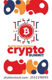 Cumbre de criptomonedas. Festival Blockchain. Dinero digital y tecnología inteligente en línea. Ilustración de finanzas, banca y negocios. Minería de criptomonedas. Logotipo de Bitcoin. Diseño plano. Afiche de Vector