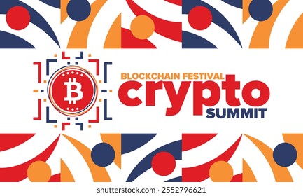 Cumbre de criptomonedas. Festival Blockchain. Dinero digital y tecnología inteligente en línea. Ilustración de finanzas, banca y negocios. Minería de criptomonedas. Logotipo de Bitcoin. Diseño plano. Afiche de Vector